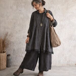 Buykud Oversized Striped Lace Trim Button Tunic